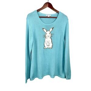 Coldwater Creek XL Sweater Turquoise Blue Bunny Rabbit Sweater Preppy Easter